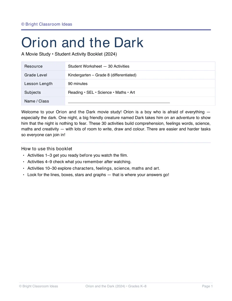 Orion and the Dark booklet cover introduces 30 activities and explains what to complete before and after viewing.