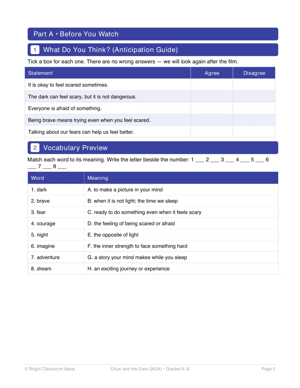 Activities 1–2 introduce an agree-or-disagree guide about fear and bravery plus eight vocabulary matching words.