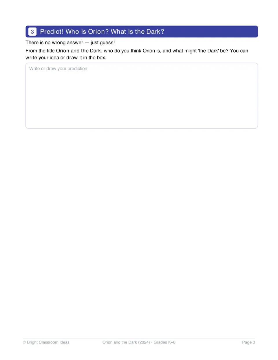Activity 3 asks students to predict who Orion is and what the Dark might be, using writing or drawing.