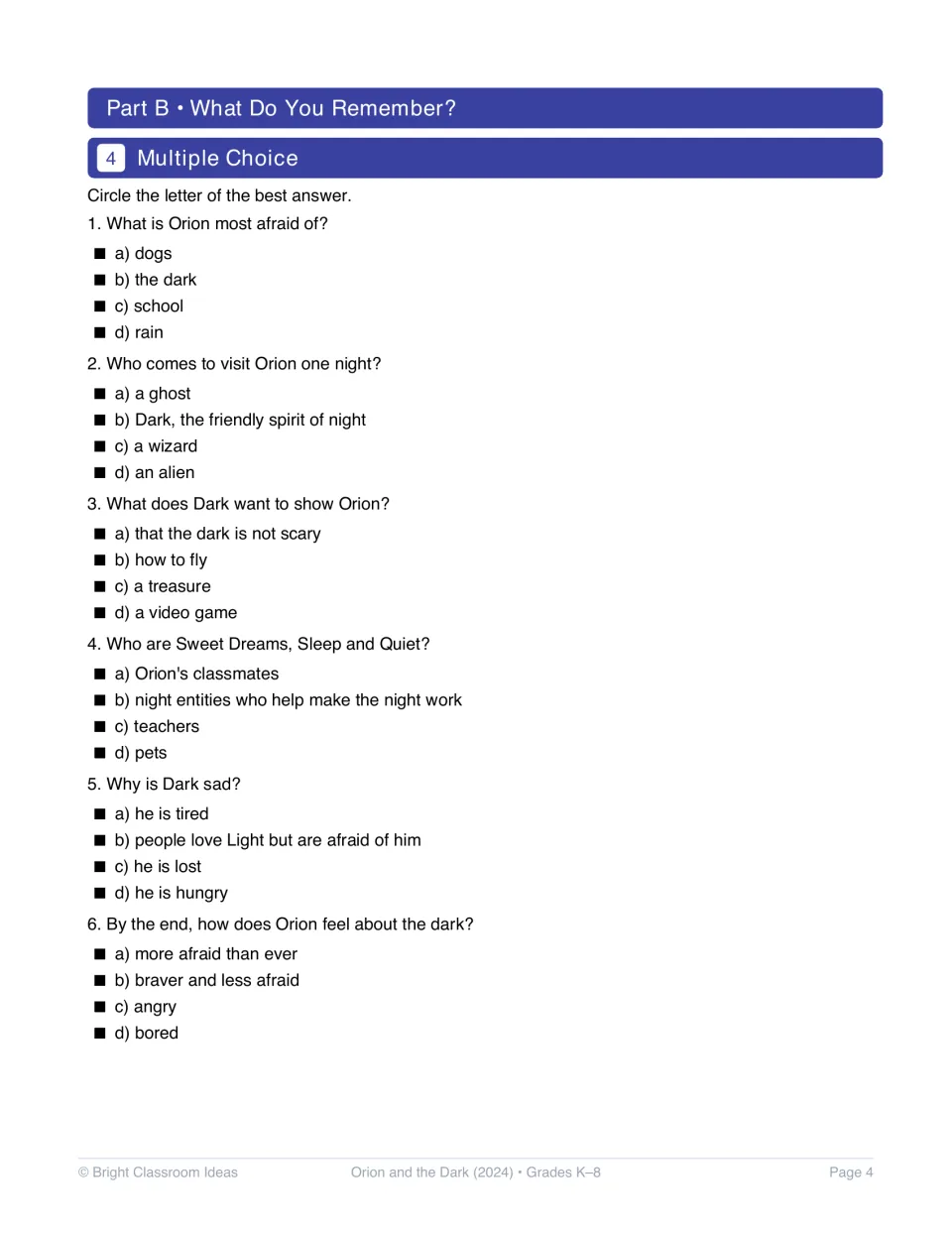 Activity 4 checks movie recall through six multiple-choice questions about Orion, Dark, and the night entities.