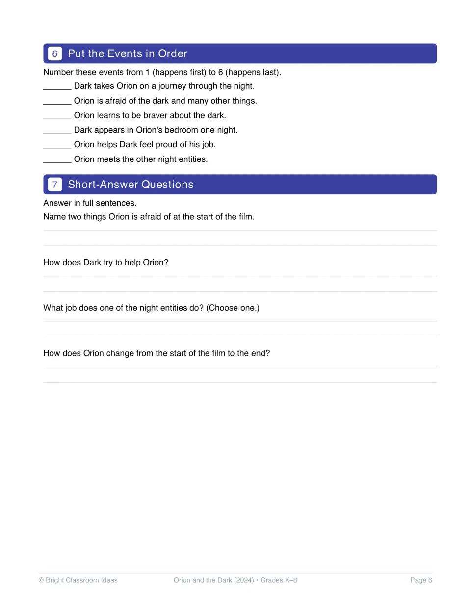 Activities 6–7 ask students to sequence six movie events and answer four questions about Orion and Dark.