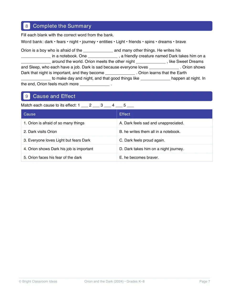 Activities 8–9 pair a movie summary using a ten-word bank with five cause-and-effect matches about Orion and Dark.