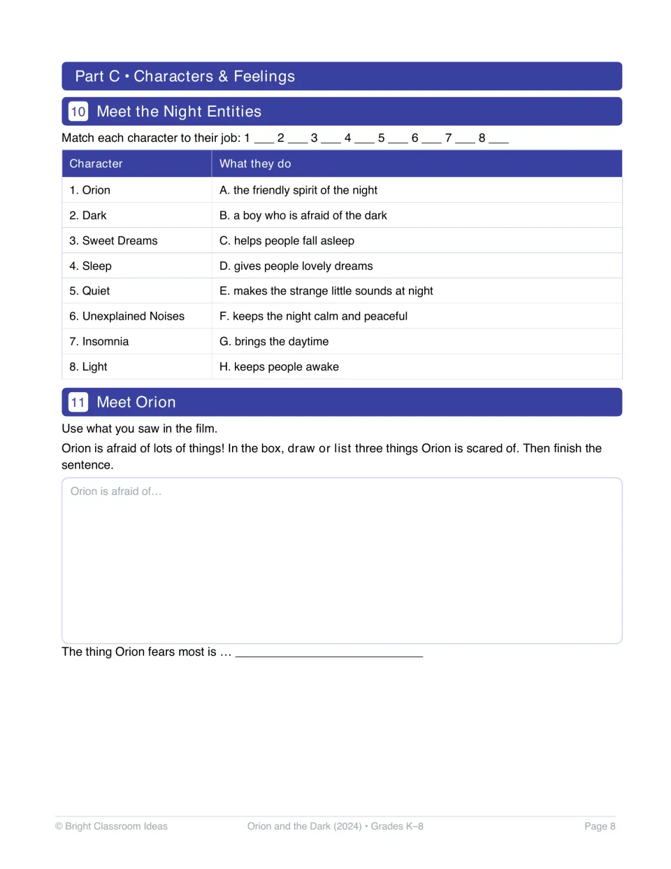 Activities 10–11 ask students to match eight characters to roles and draw or list three things Orion fears.