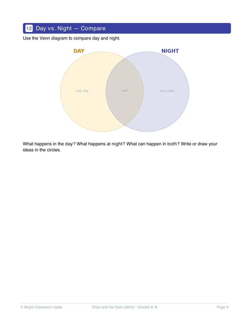 Activity 12 uses a day-and-night Venn diagram for students to write or draw what happens during each or both.