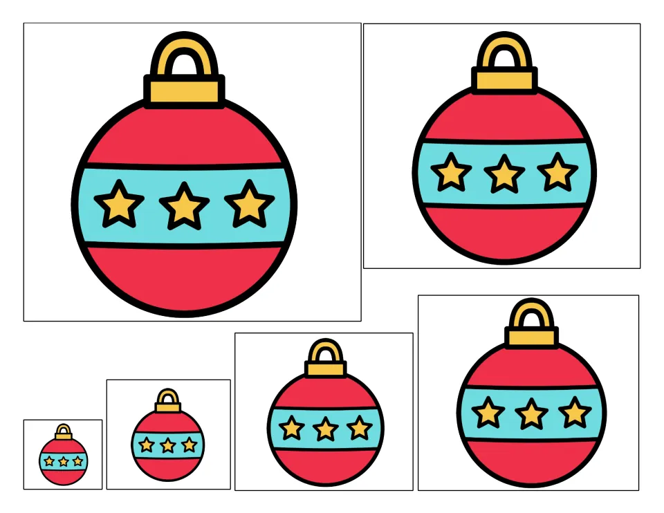 Ornament size cards: six red and blue star ornaments, tiny to large, for students to cut apart and arrange by size