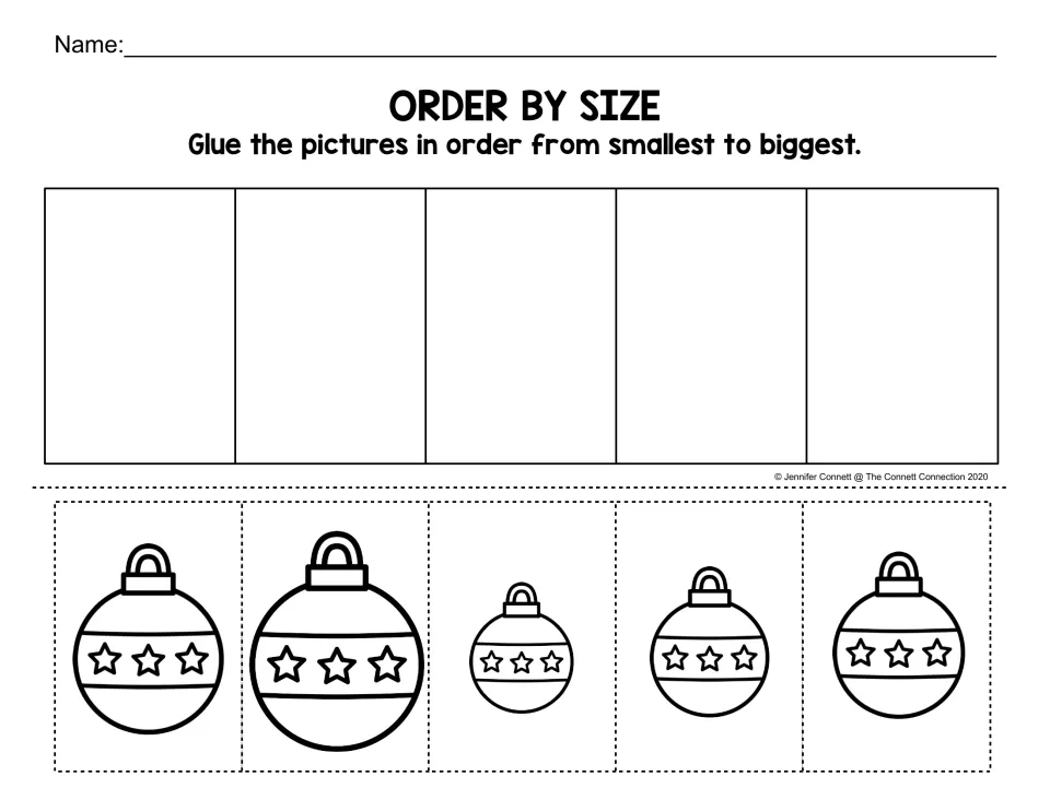 Order by size: students cut out five star ornaments and glue them in order from smallest to biggest, with a name line