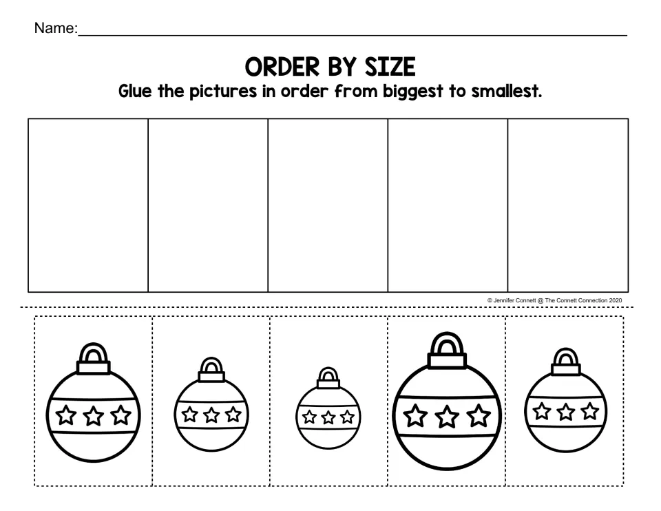 Order by size, reversed: students cut out five star ornaments and glue them in order from biggest down to smallest