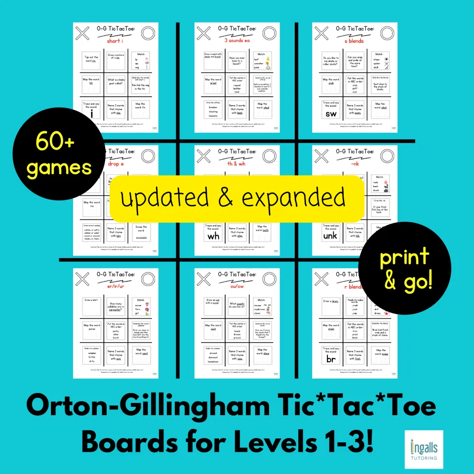 Orton-Gillingham Tic*Tac*Toe Boards for Levels 1-3 cover: nine sample boards, 60+ games, updated & expanded, print & go