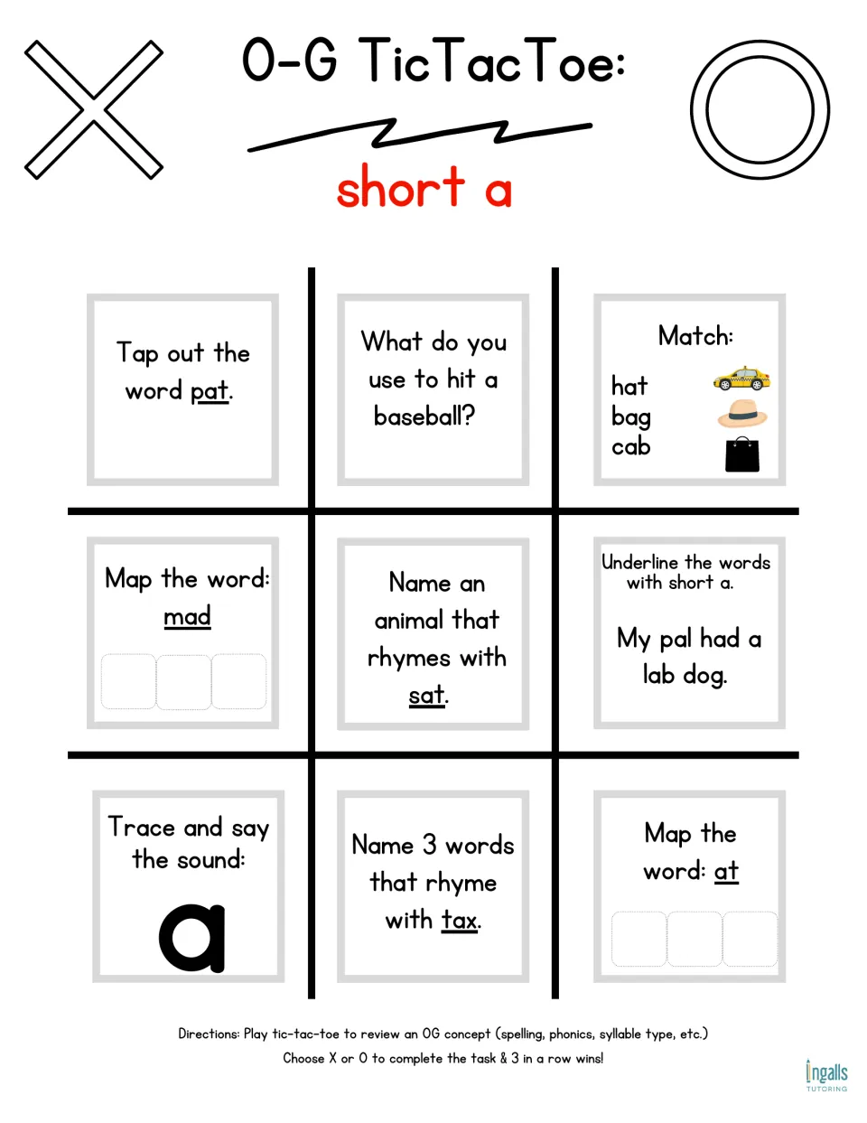 Short a game board: students tap out pat, map mad and at, match hat, bag and cab to pictures, and rhyme with sat and tax