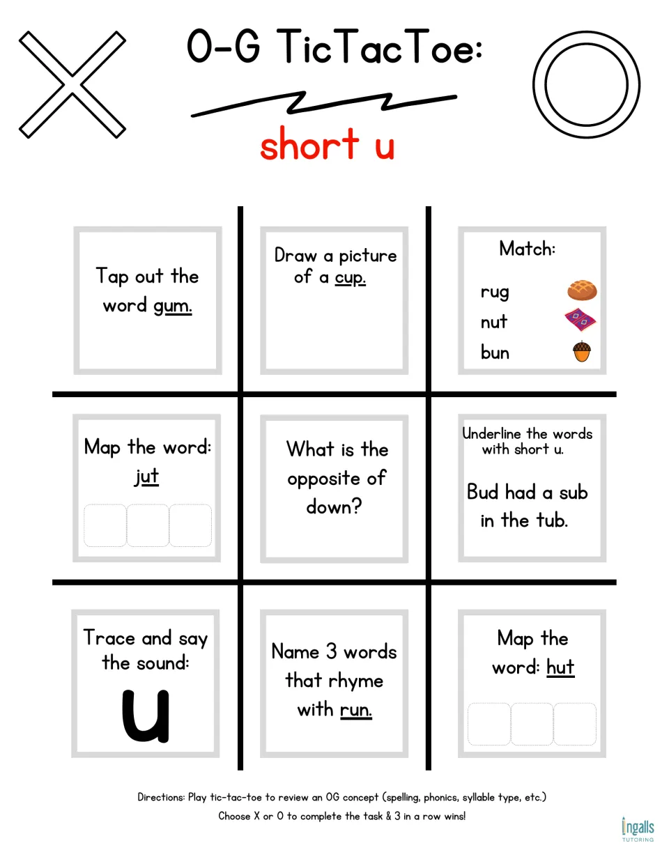 Short u game board: students tap out gum, map jut and hut, match rug, nut and bun; underline short u in Bud had a sub