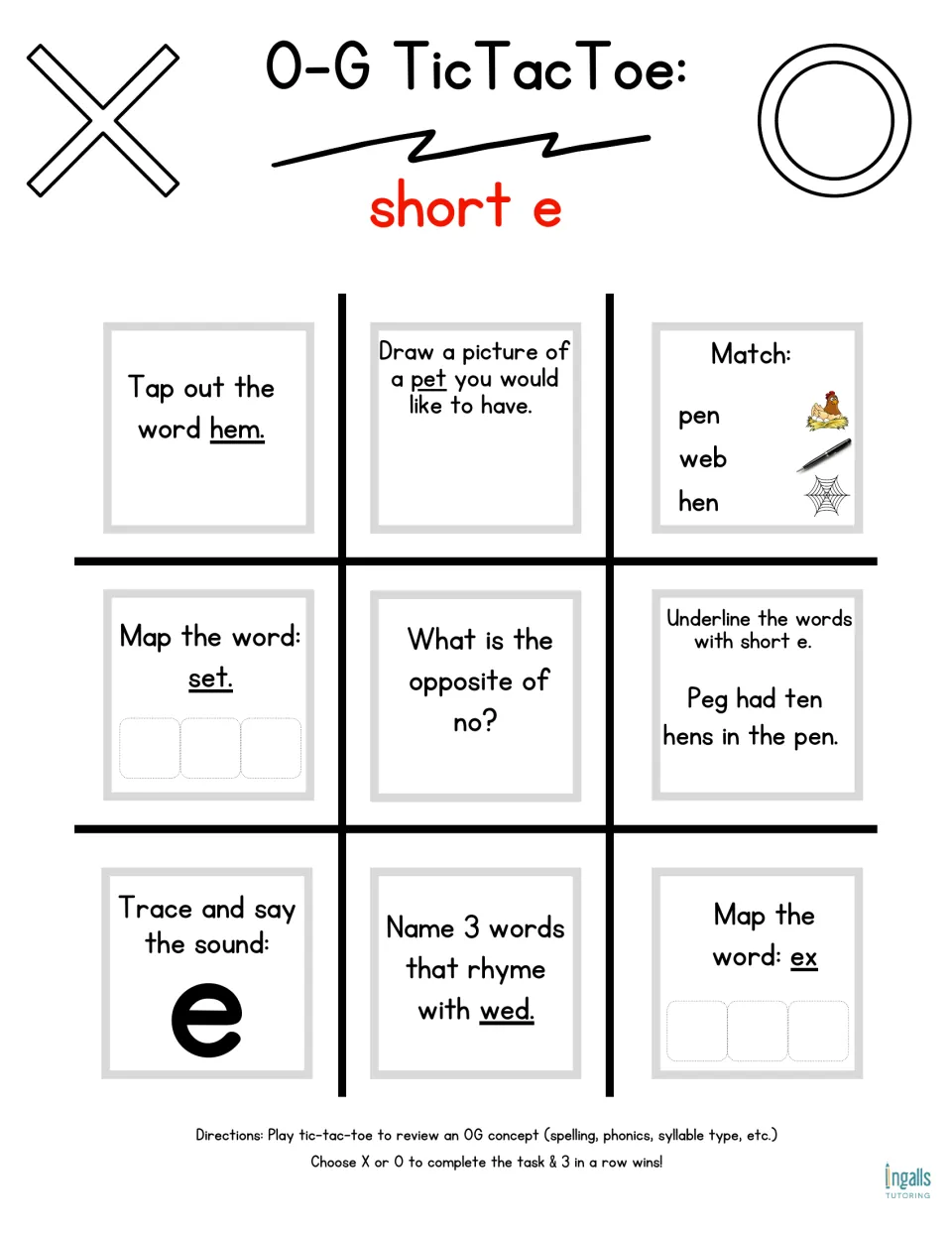 Short e game board: students tap out hem, map set and ex, match pen, web and hen; underline short e in Peg had ten hens