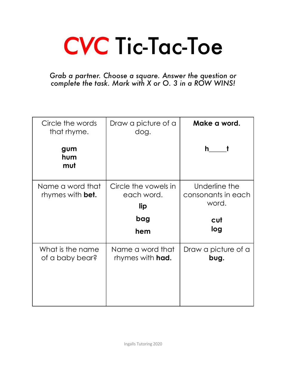 CVC Tic-Tac-Toe: partners circle rhymes, make a word from h_t, circle vowels, underline consonants and draw a dog and bug