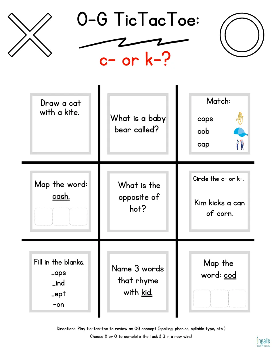 c- or k- spelling board: students map cash and cod, fill in blanks like _aps and _ind; circle c and k in Kim kicks a can