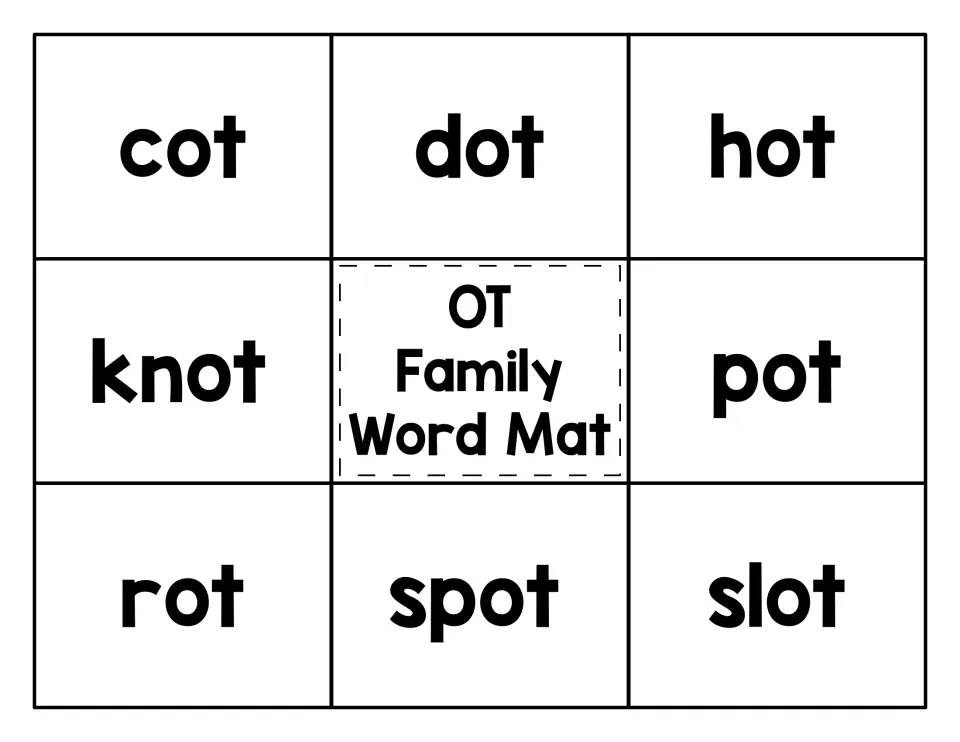 OT word-family matching mat with eight words: cot, dot, hot, knot, pot, rot, spot, and slot
