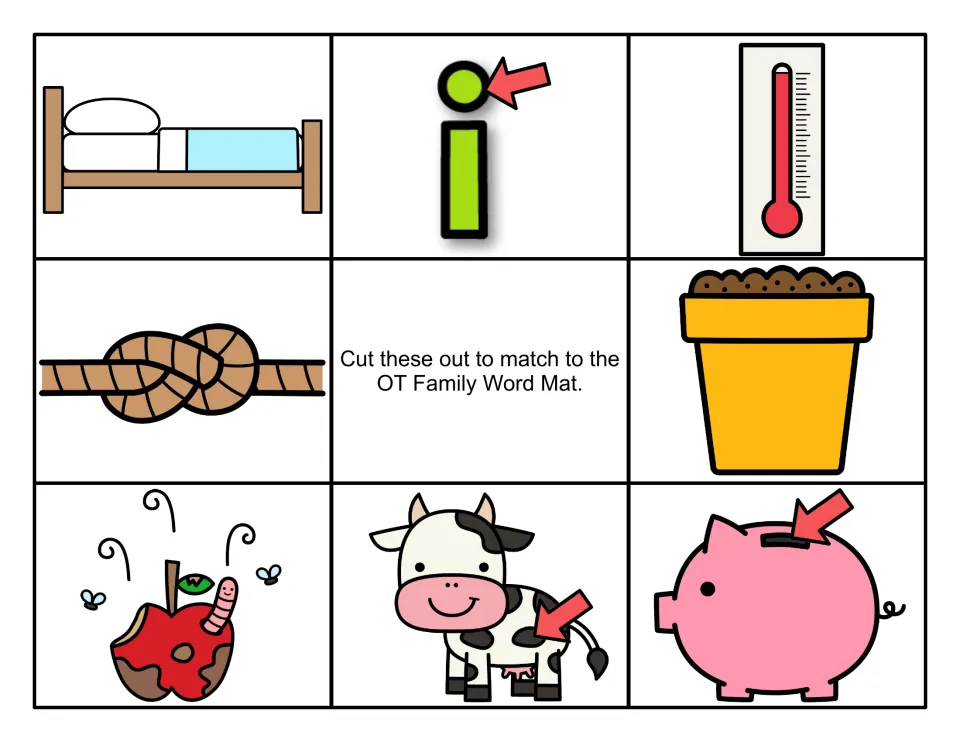 Eight color picture cards for the OT word mat: cot, dot, hot, knot, pot, rot, spot, and slot
