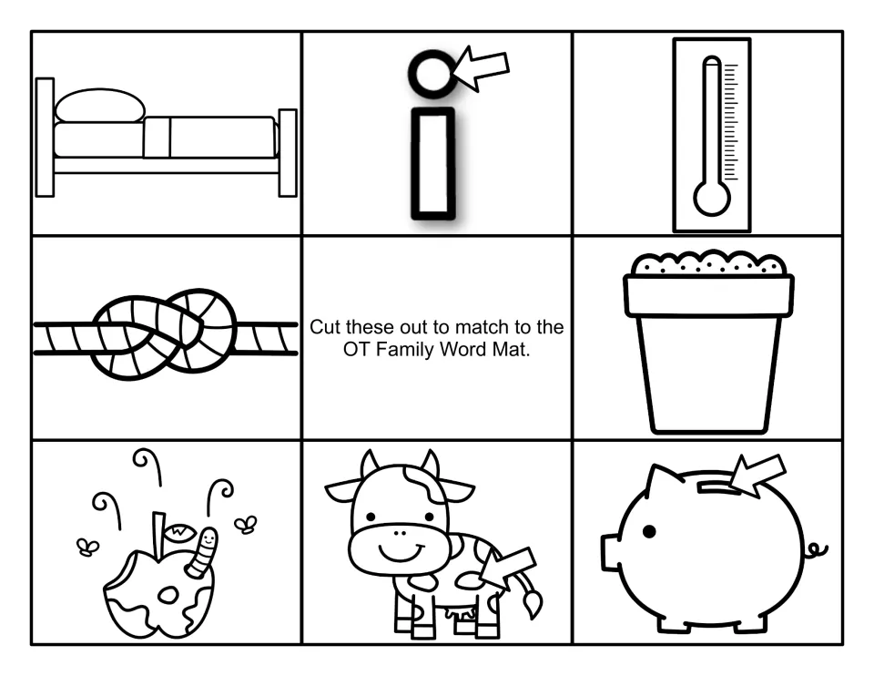 Eight black-and-white picture cards for the OT word mat: cot, dot, hot, knot, pot, rot, spot, and slot