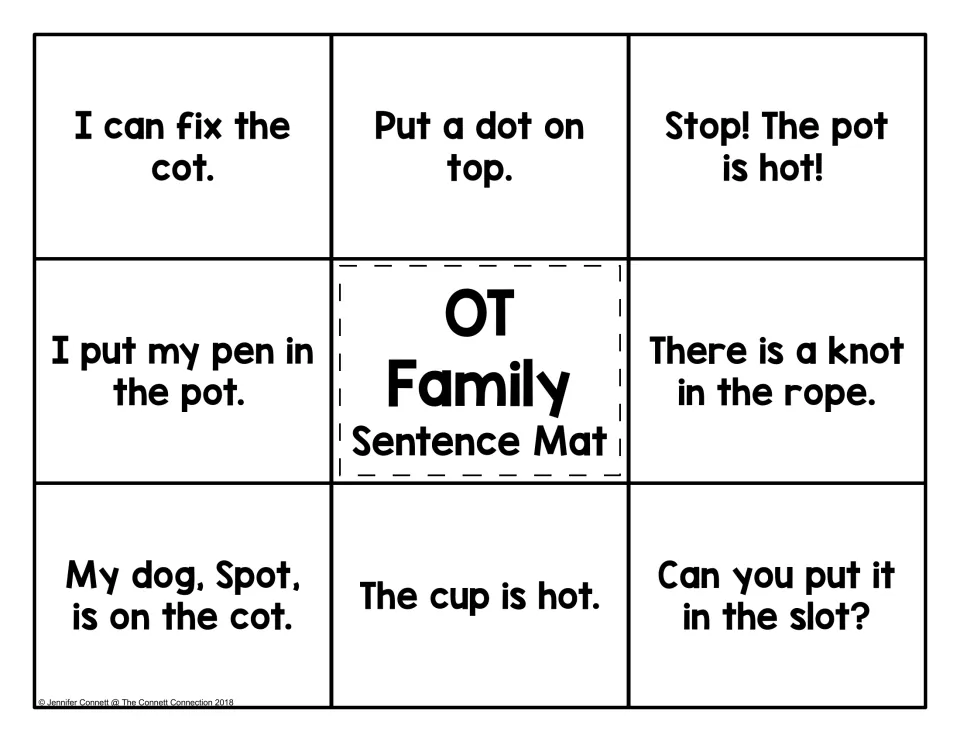 OT sentence matching mat with eight sentences, including 'I can fix the cot' and 'The cup is hot'