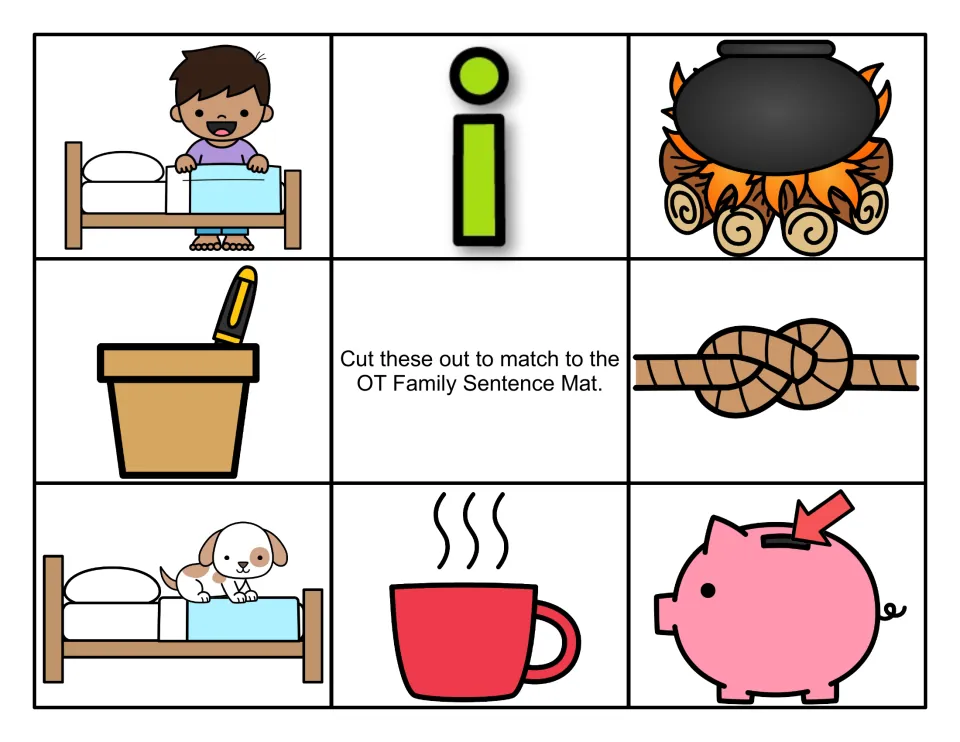 Eight color cards for the OT sentence mat, including a dog on a cot, a pen in a pot, and a hot cup