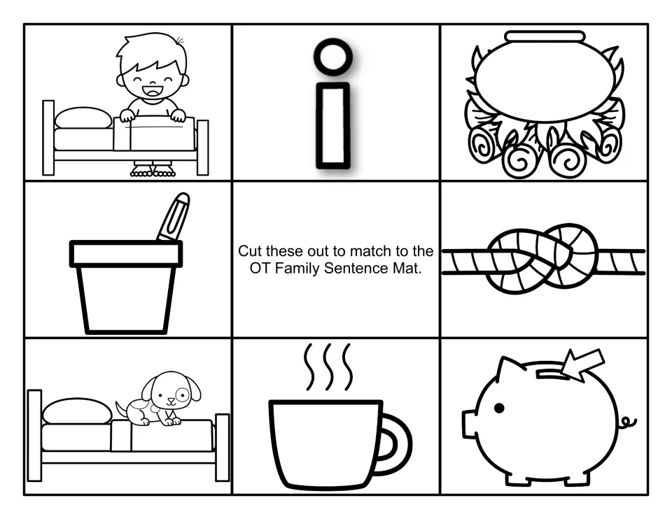 Eight black-and-white cards for the OT sentence mat, including a dog on a cot, a pen in a pot, and a hot cup