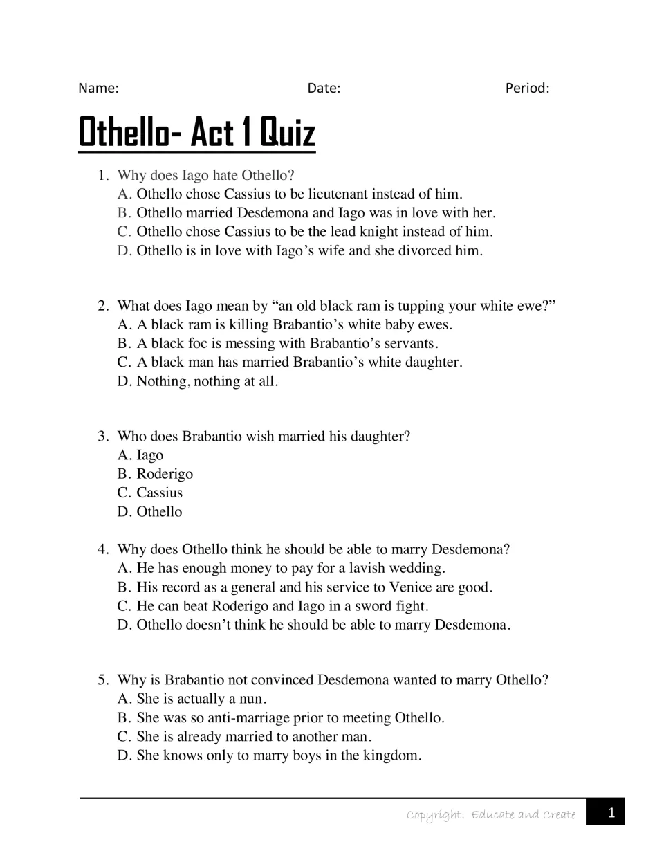 Othello Act 1 comprehension: students answer 5 multiple-choice questions on Iago's motive and Desdemona's marriage