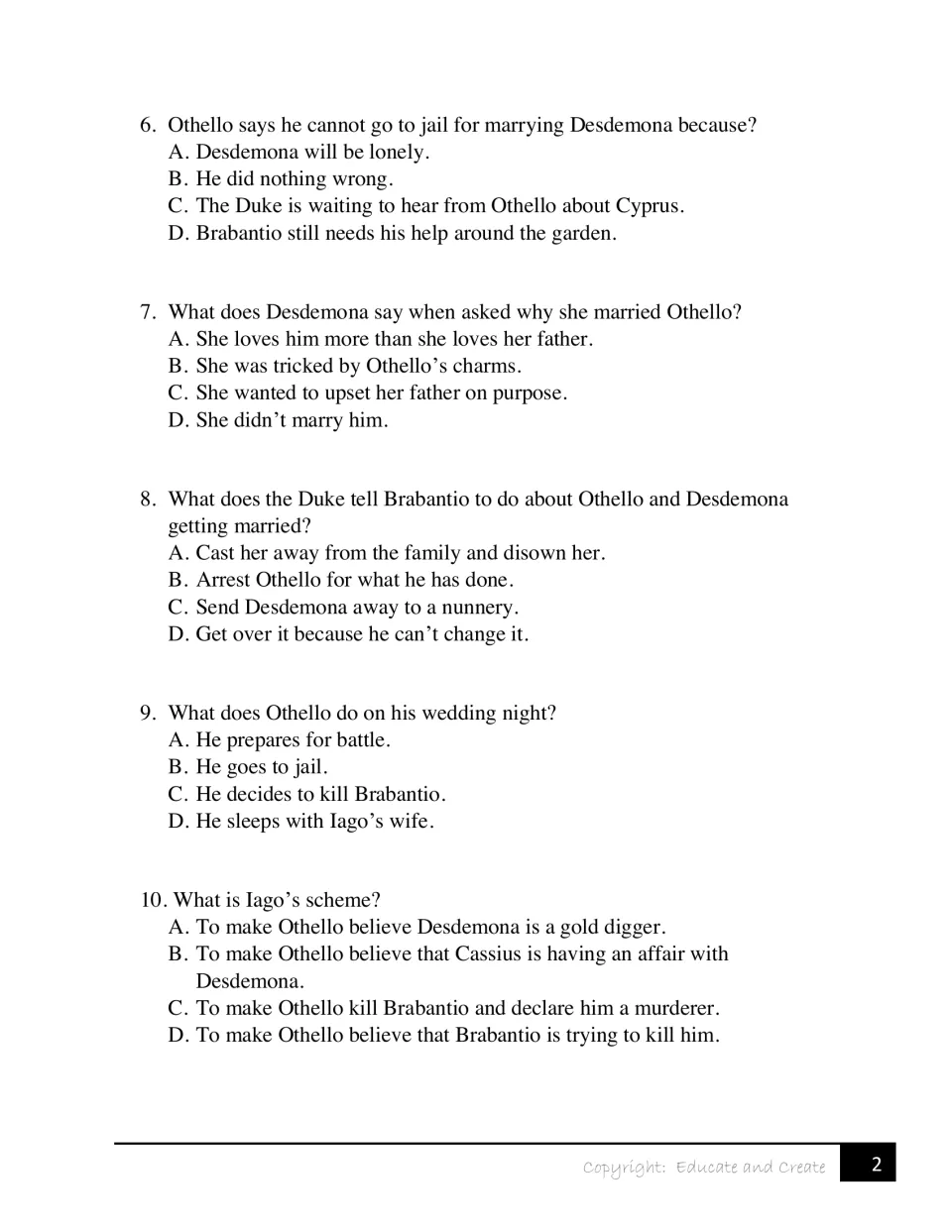 Act 1 plot recall: multiple-choice questions 6 to 10 on the Duke's ruling, Othello's wedding night and Iago's scheme