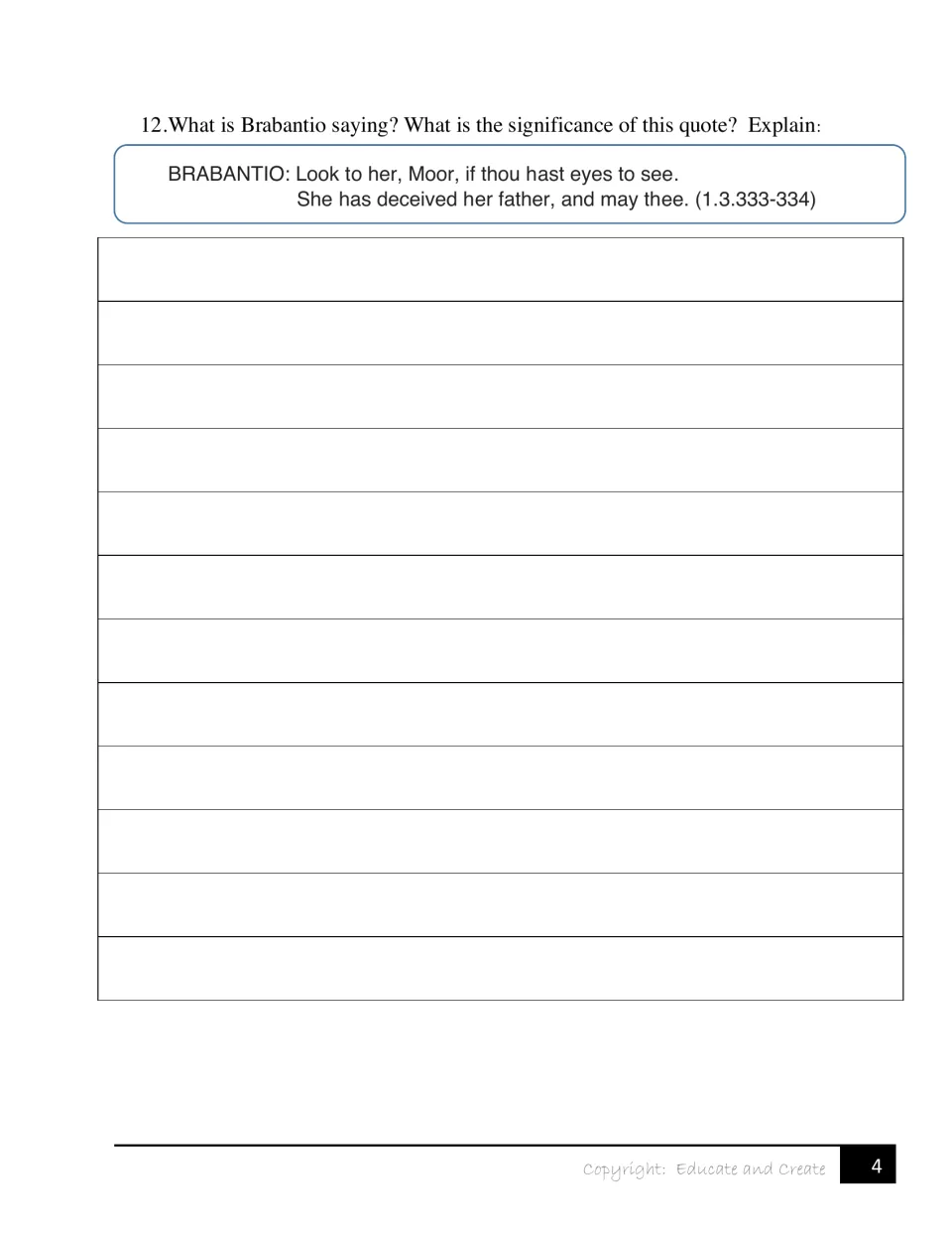 Quote analysis: students explain Brabantio's warning 'She has deceived her father, and may thee' (1.3.333-334)