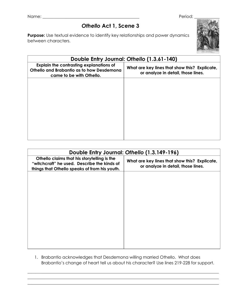 Othello 1.3 journals: students explain accounts of Desdemona's marriage and Othello's storytelling, citing key lines