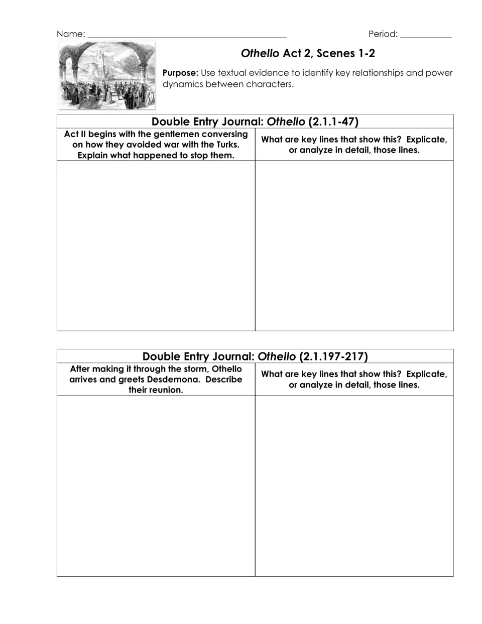 Othello 2.1 journal: students explain how war with the Turks was avoided and the reunion, then explicate key lines