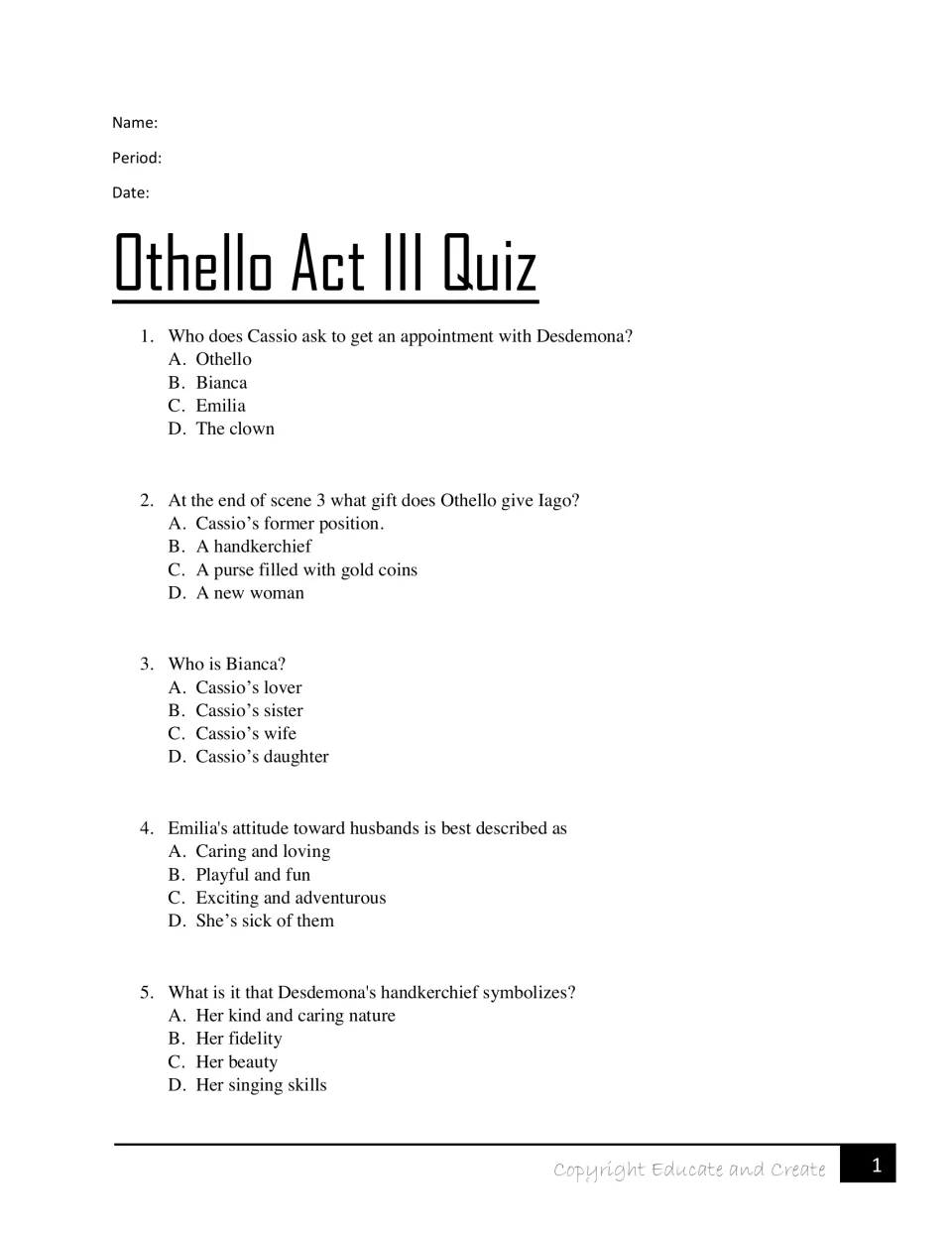 Othello Act III multiple choice: students answer 5 questions on Cassio, Bianca, Emilia and the handkerchief