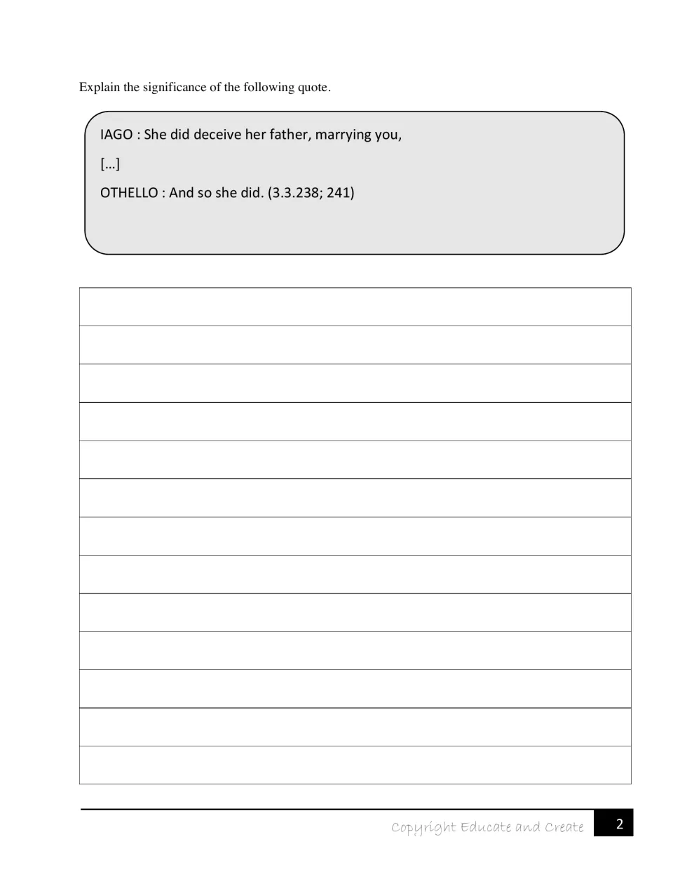 Quote analysis: students explain the significance of Iago saying Desdemona deceived her father and Othello's reply