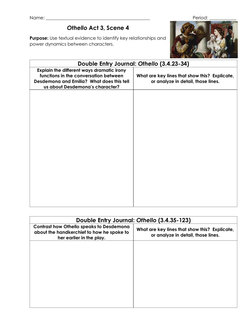 Othello 3.4 journals: students trace dramatic irony with Desdemona and Emilia and Othello's handkerchief speech