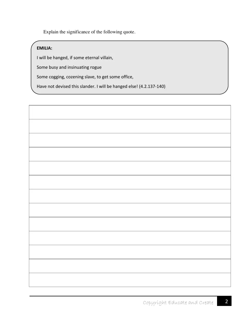 Quote analysis: students explain why Emilia's lines about an eternal villain devising slander matter (4.2.137-140)