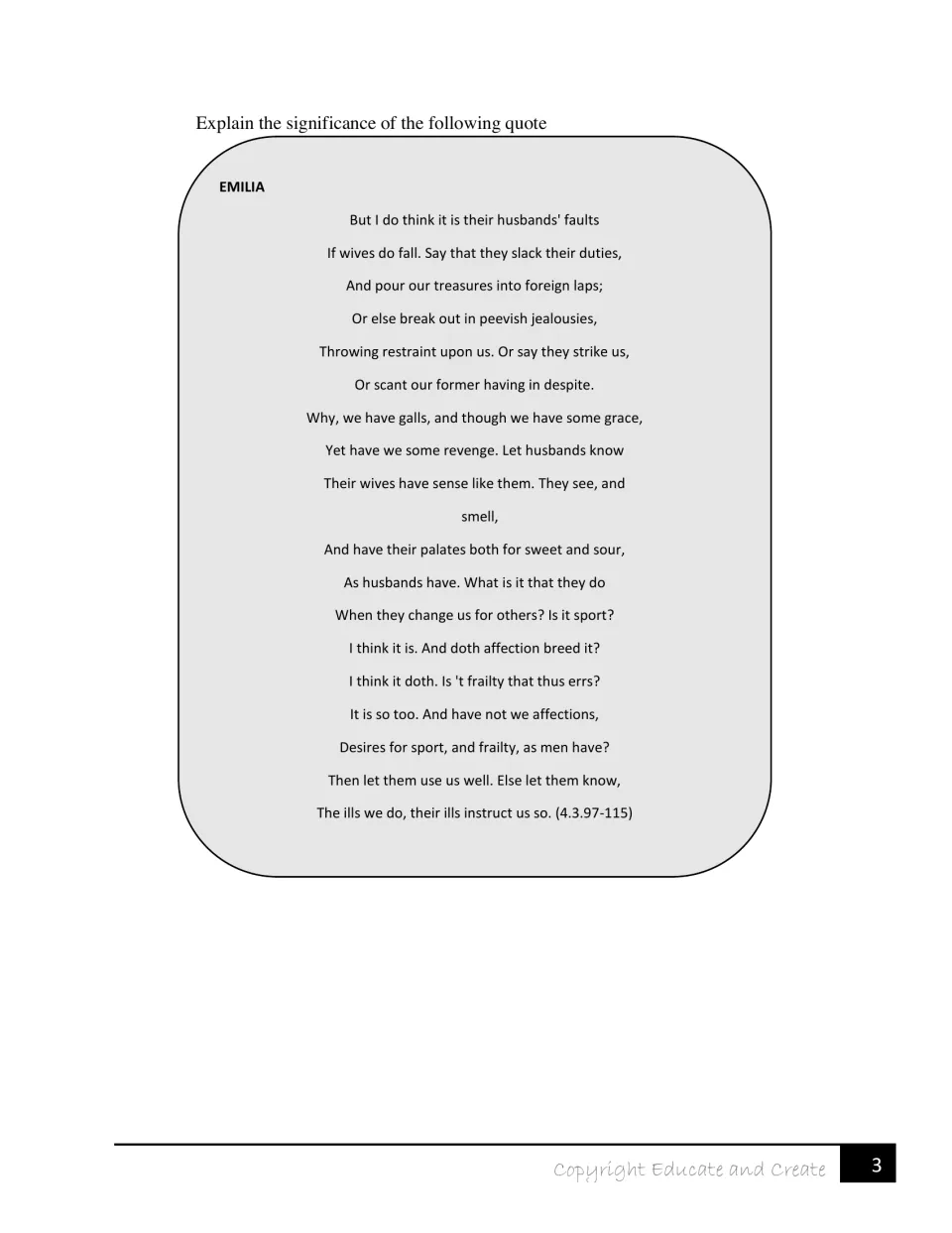 Quote analysis: students explain the meaning of Emilia's speech blaming husbands when wives fall (4.3.97-115)