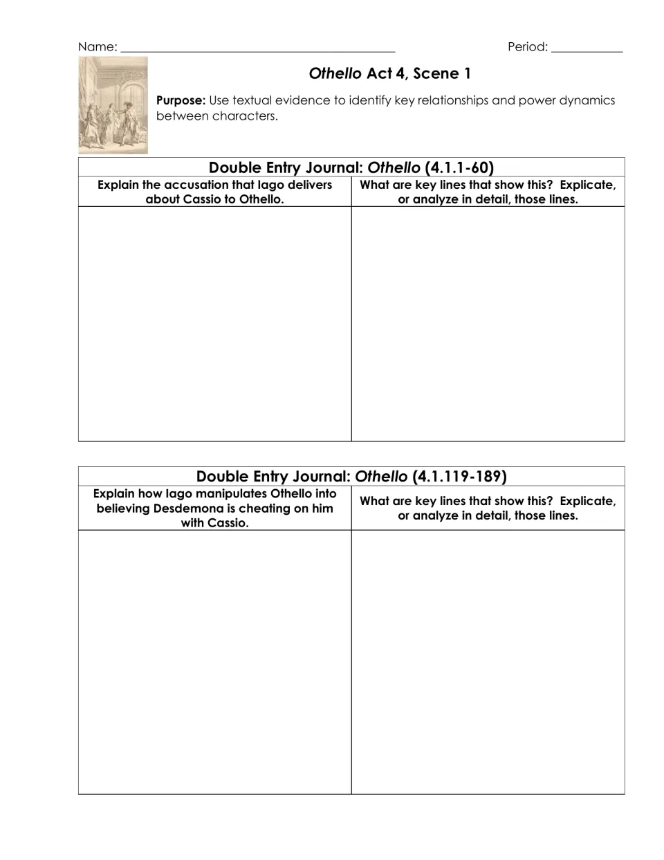 Othello 4.1 lines 1-60 and 119-189: students explain Iago's accusation and manipulation, then explicate key lines