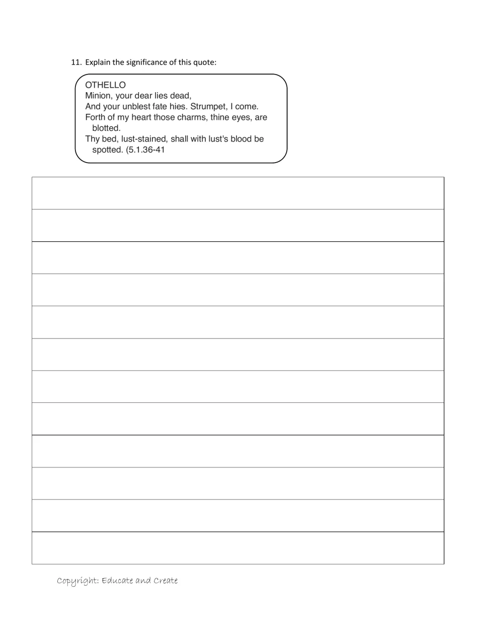 Quote analysis question 11: students explain Othello's 'Minion, your dear lies dead' speech (5.1.36-41)