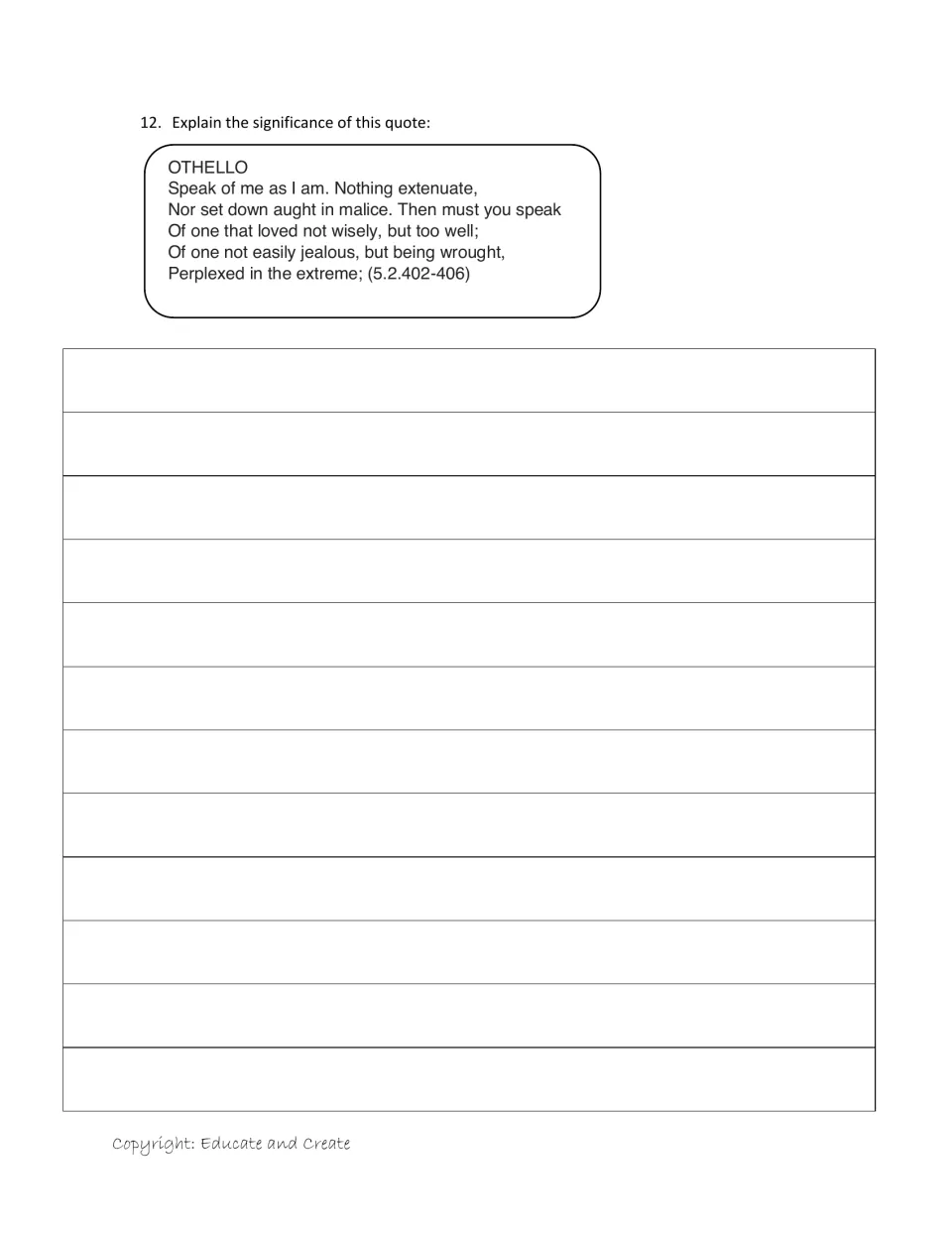 Quote analysis question 12: students explain Othello's final 'Speak of me as I am' plea (5.2.402-406)