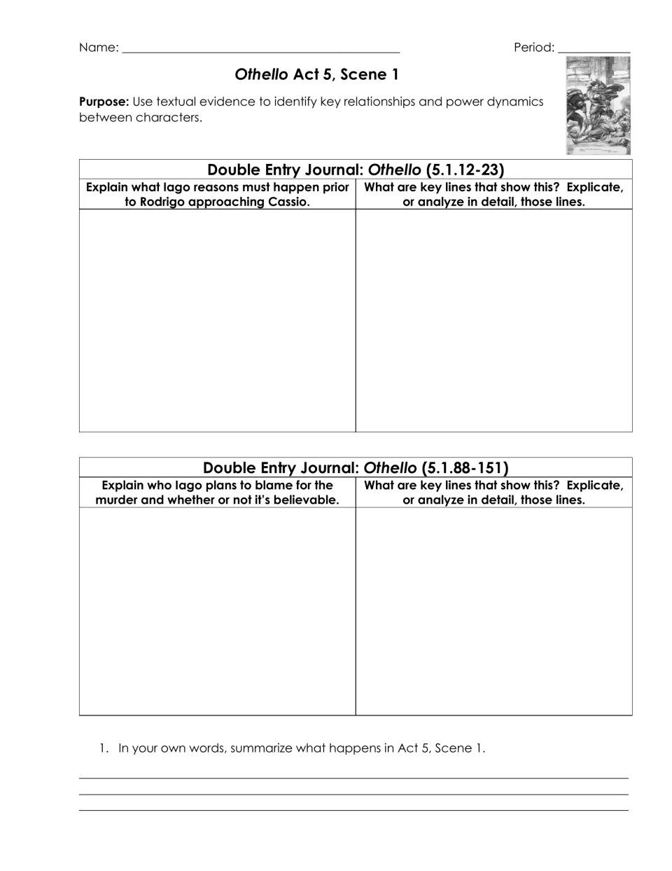 Othello 5.1 journal: students explain Iago's plan and who he will blame, explicating key lines, then summarize the scene