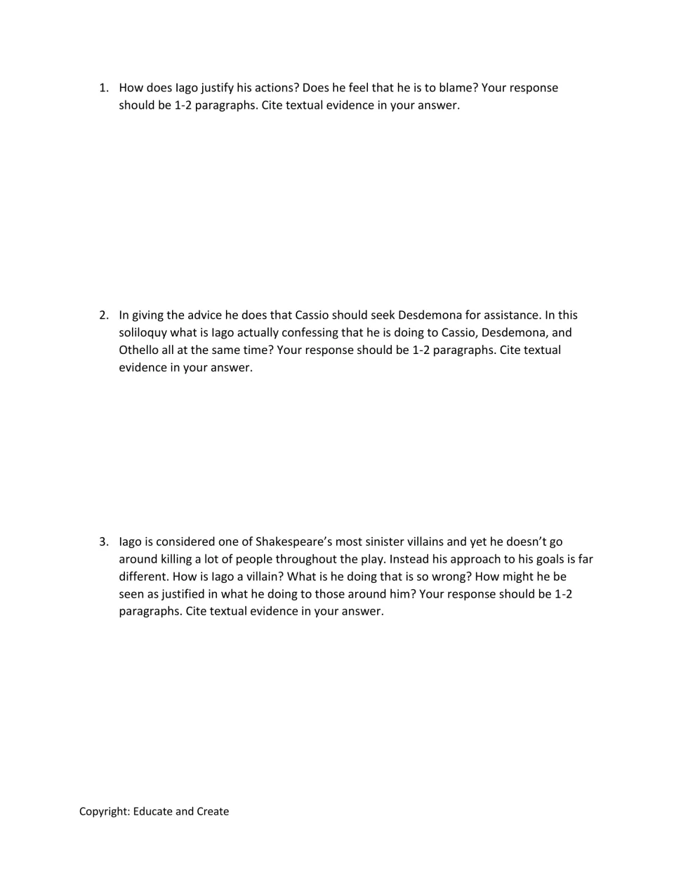 Iago's Act 2 confession: students write 1-2 paragraph answers on how he justifies his actions and why he is a villain