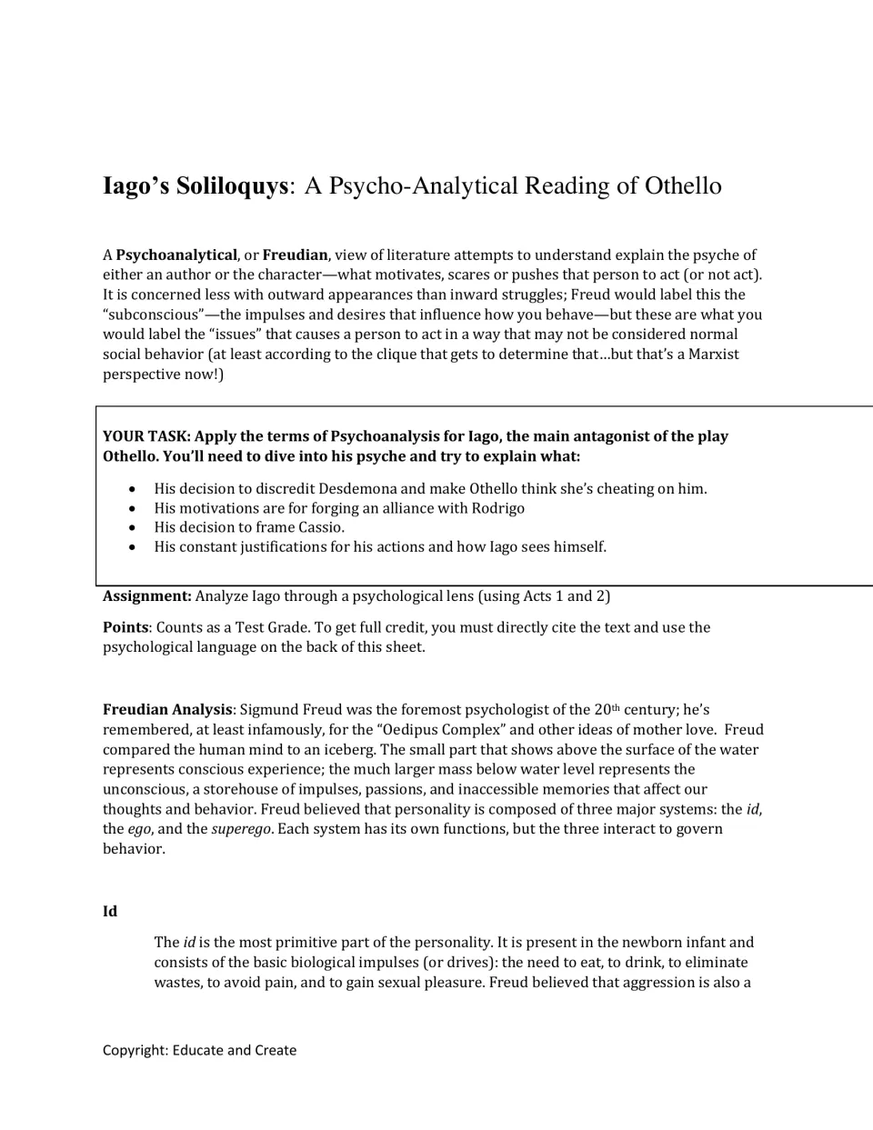 Psychoanalytic reading of Iago: students apply Freud's terms to his motives toward Desdemona, Rodrigo and Cassio