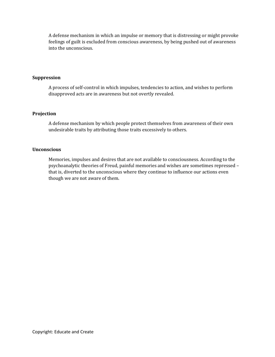 Defense mechanisms: students use definitions of repression, suppression, projection and the unconscious to read Iago