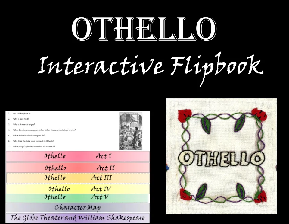 Othello Interactive Flipbook cover showing tabs for Acts I to V, a character map and the Globe Theater and Shakespeare