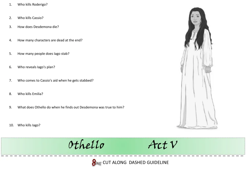Act V flipbook layer: 10 comprehension questions on the final deaths, such as who kills Roderigo, Emilia and Iago