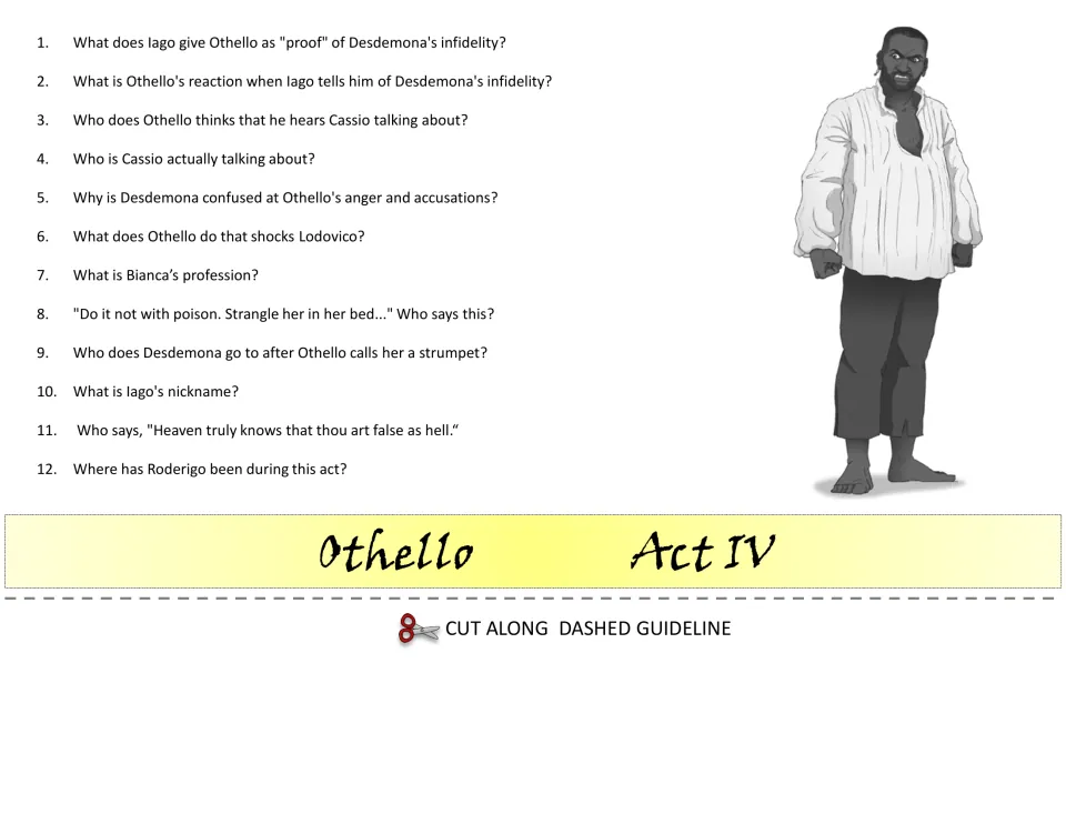 Act IV flipbook layer: 12 questions on the handkerchief as 'proof', Othello's jealousy, Bianca and who says key quotes