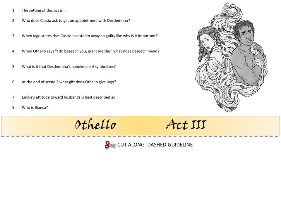 Act III flipbook layer: 8 questions on setting, the meaning of 'beseech', the handkerchief's symbolism and Bianca