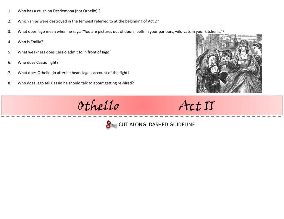 Act II flipbook layer: 8 questions on the tempest, Iago's insult to women, Cassio's fight and Iago's advice to him