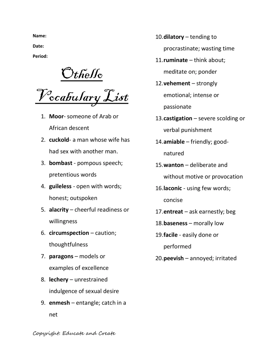 Othello vocabulary list: 20 words from the play, such as Moor, bombast, alacrity and peevish, each with its definition