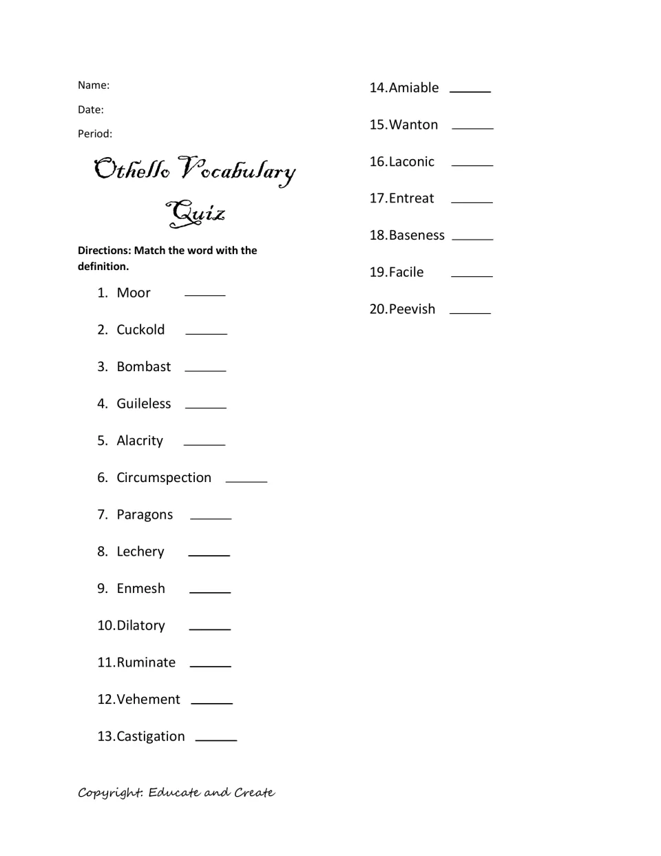 Othello word-matching quiz: students write the letter of the matching definition beside each of 20 words, Moor to Peevish