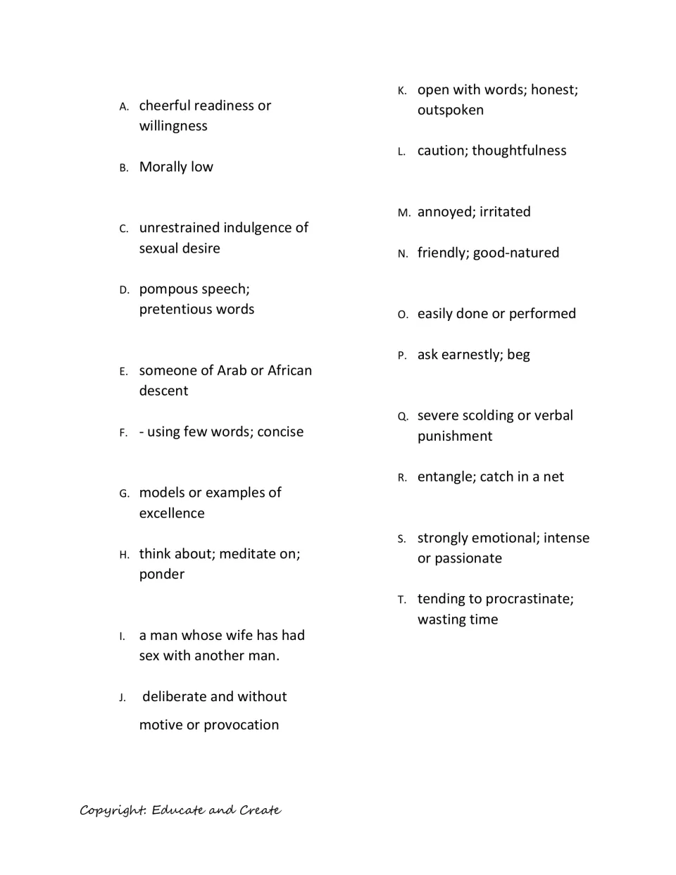 Othello definition bank: 20 lettered definitions, A to T, that students match to the quiz words, e.g. 'ask earnestly; beg'
