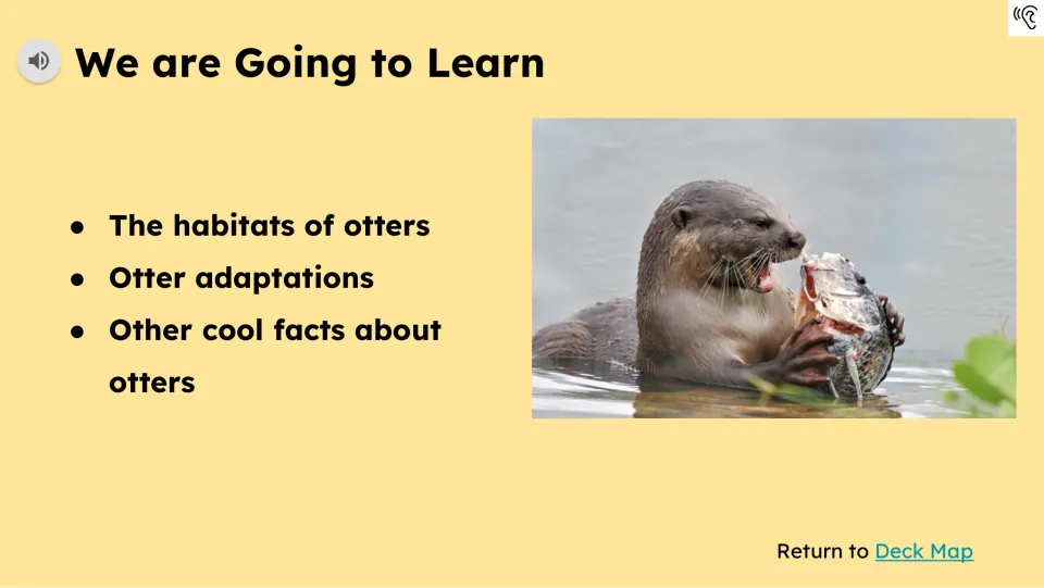Learning preview names otter habitats, adaptations, and other facts, alongside an otter eating a fish.