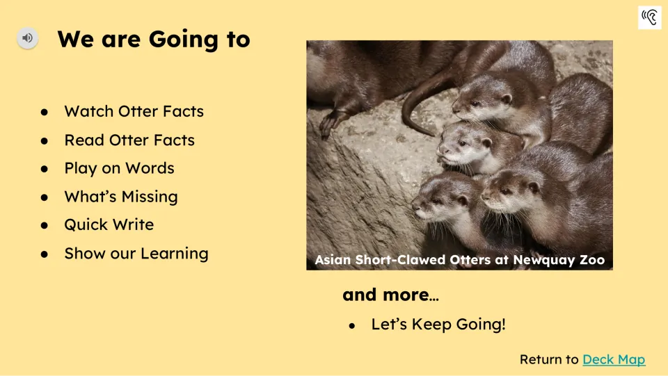Activity preview lists watching, reading, Play on Words, What’s Missing, Quick Write, and Show our Learning.